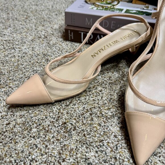 Stuart Weitzman Mondrian 50 Slingback Pumps Nude Patent Clear PVC - Picture 3 of 5